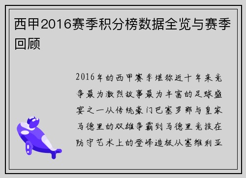 西甲2016赛季积分榜数据全览与赛季回顾